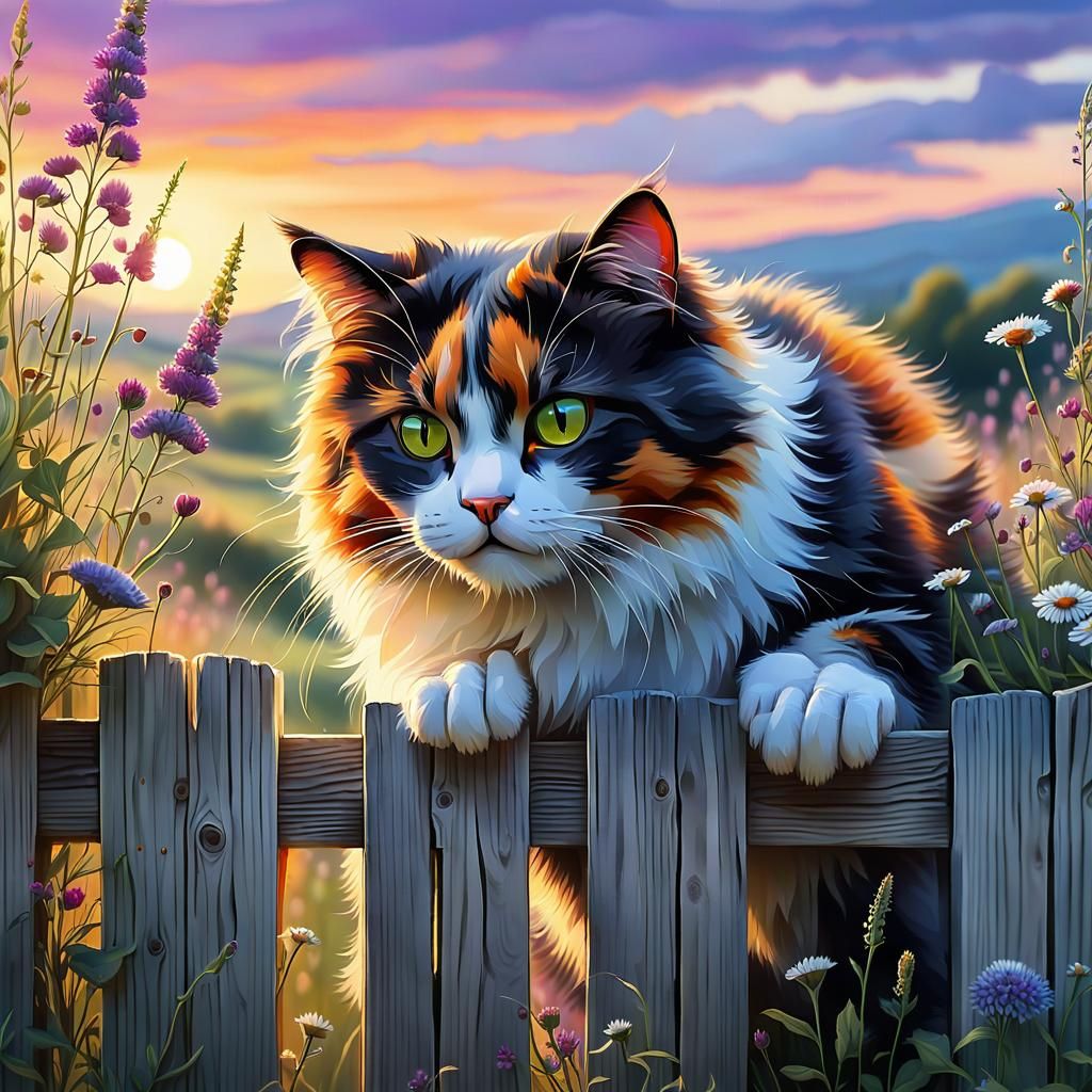 Fluffy Calico Cat on Fence with Sunset Meadow