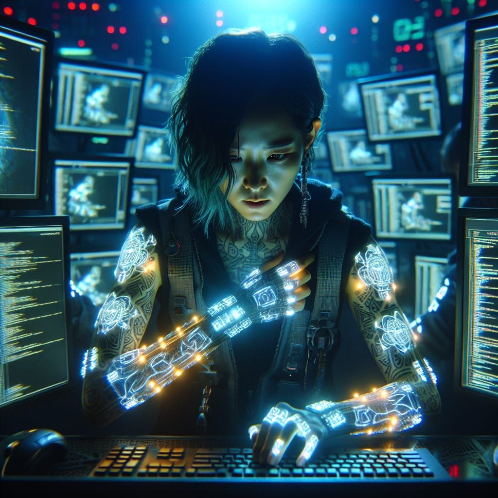 Korean Hacker Breaching Digital Fortress in Cyberpunk Bunker