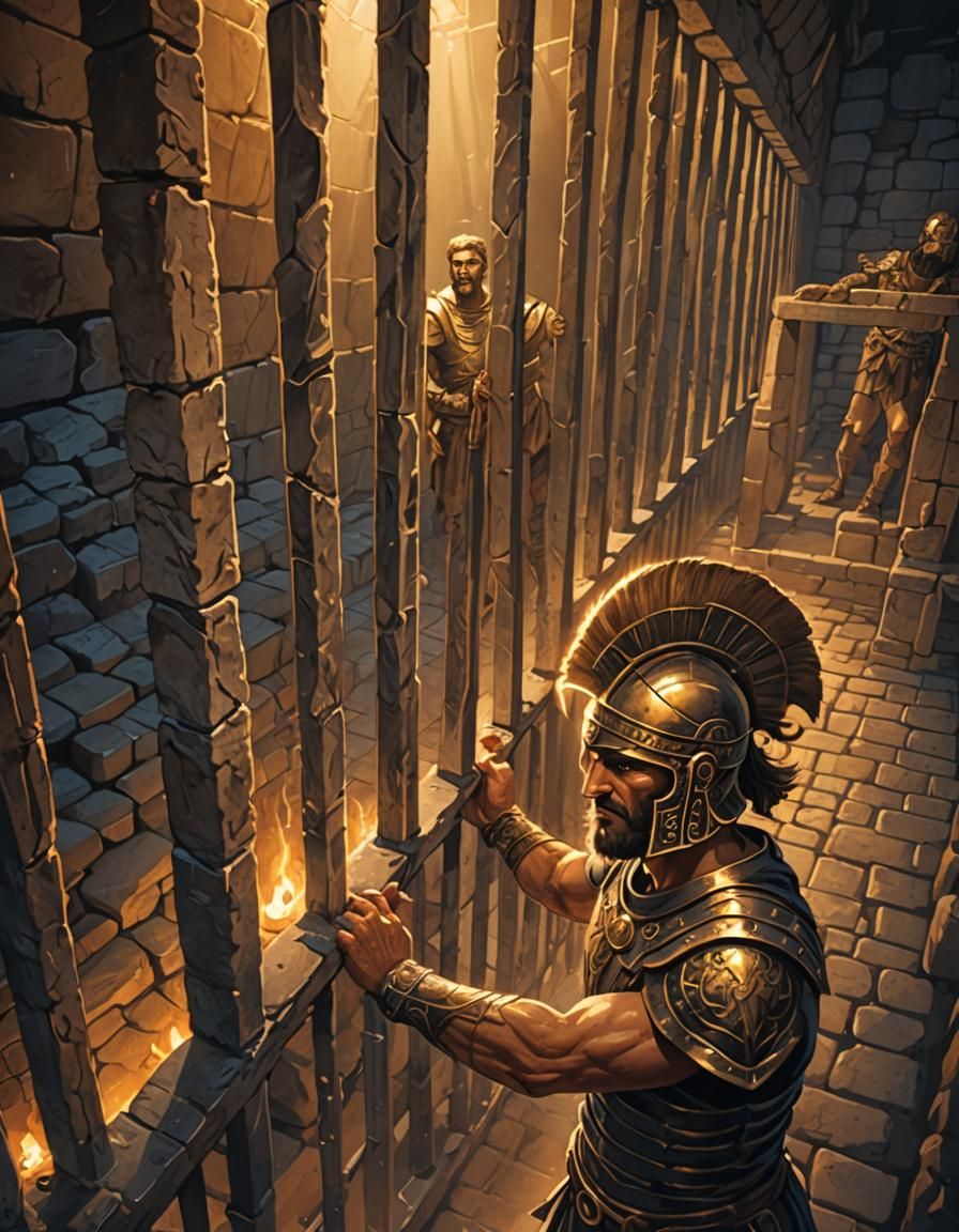 Greek Warrior Imprisoned: Chiaroscuro Cavern Illustration