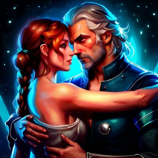 Geralt and Triss Embrace in Rococo Cosmic Art