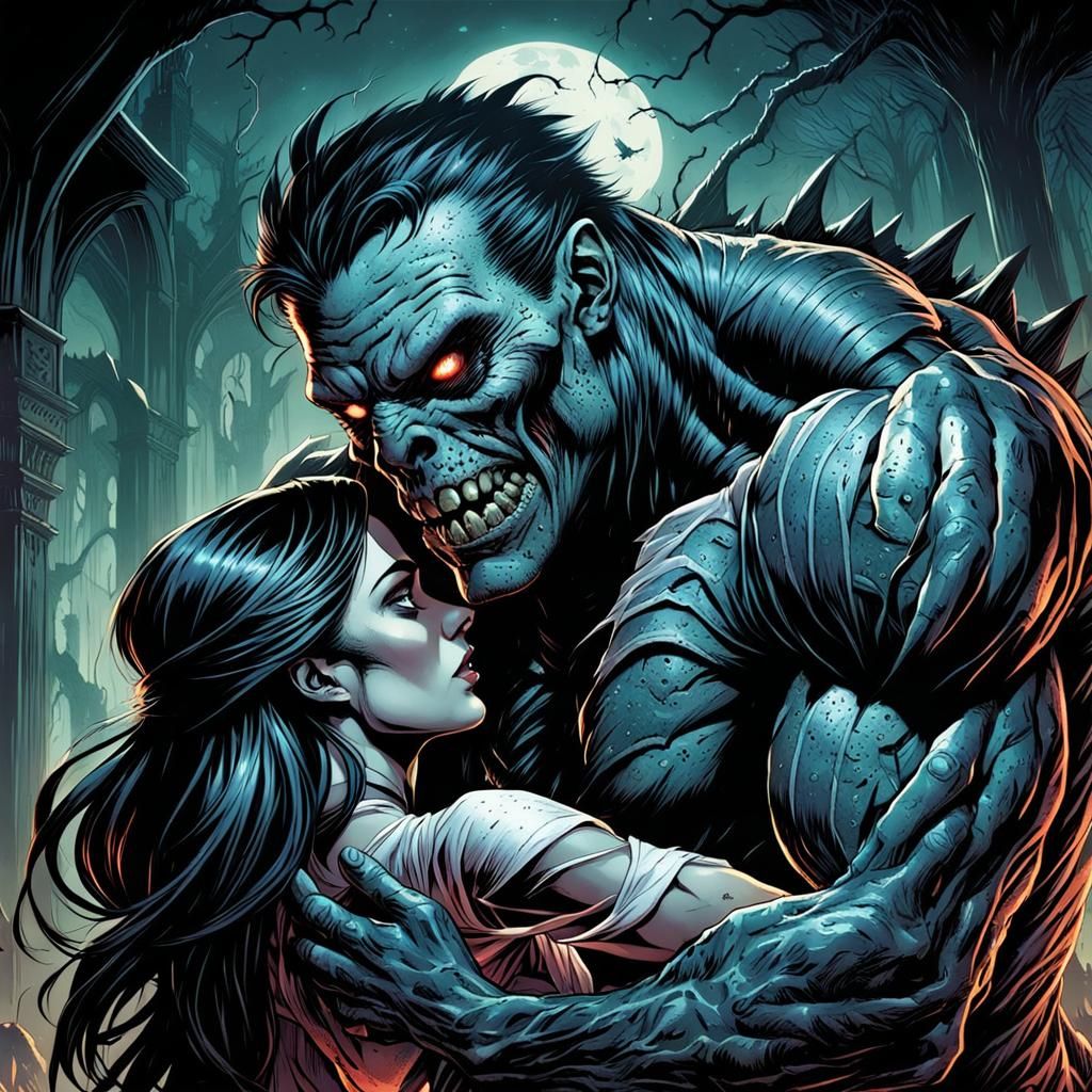 Monster Caressing Girl in Comic Book Style