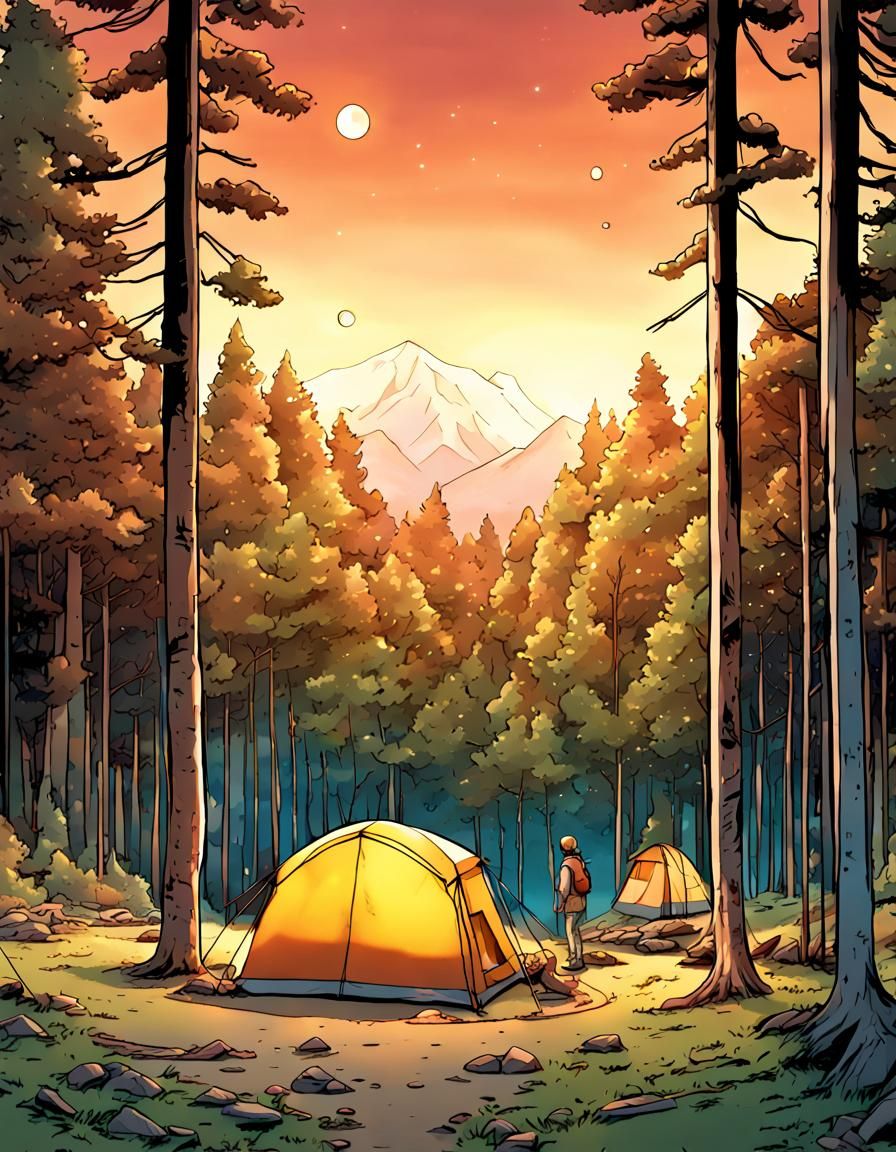 Forest Campsite Under Cosmic Sky in Manga Art Style