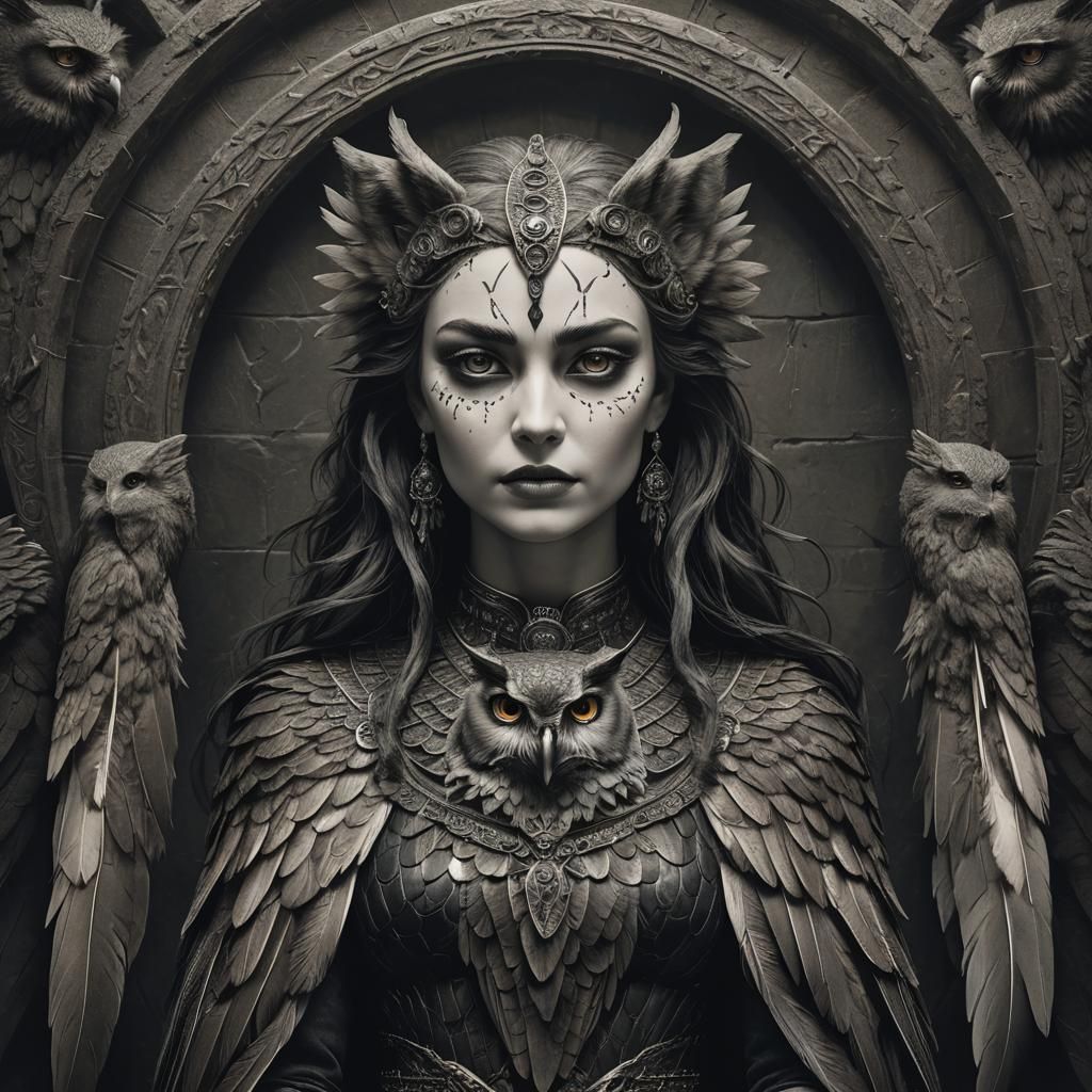 Surreal Woman Embodied with Owl Mind and Bastet Features