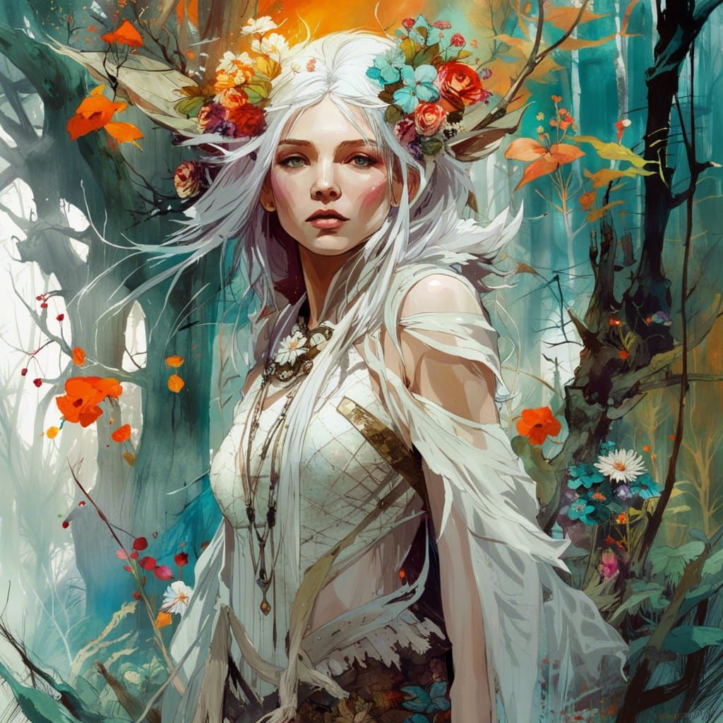 Elven Huntress in Magical White Forest: Art Nouveau
