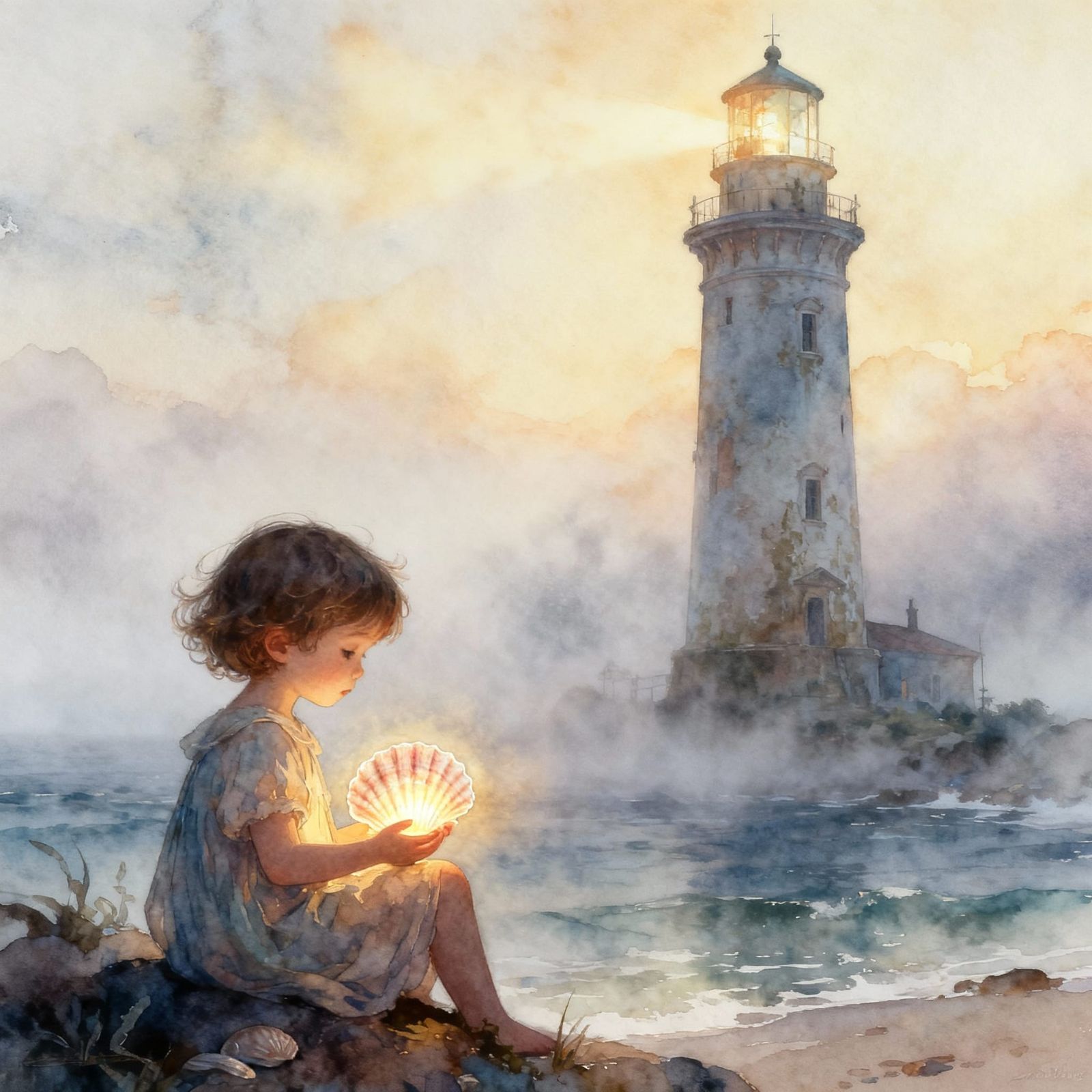 Child by Lighthouse with Glowing Seashell in Dreamlike Water...
