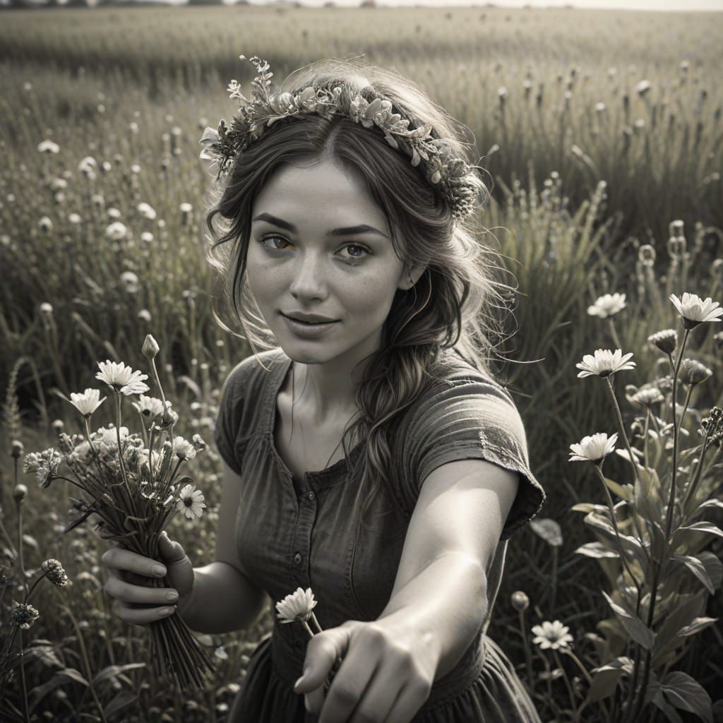 Joyful Moment in a Lush Field, Charcoal Drawing in Jean Bapt...