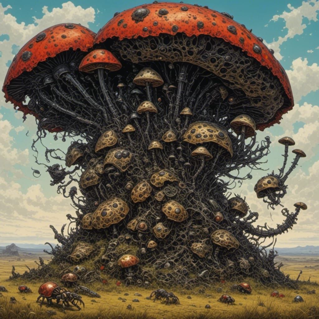 Insect Megafauna Grazing Among Giant Mushrooms