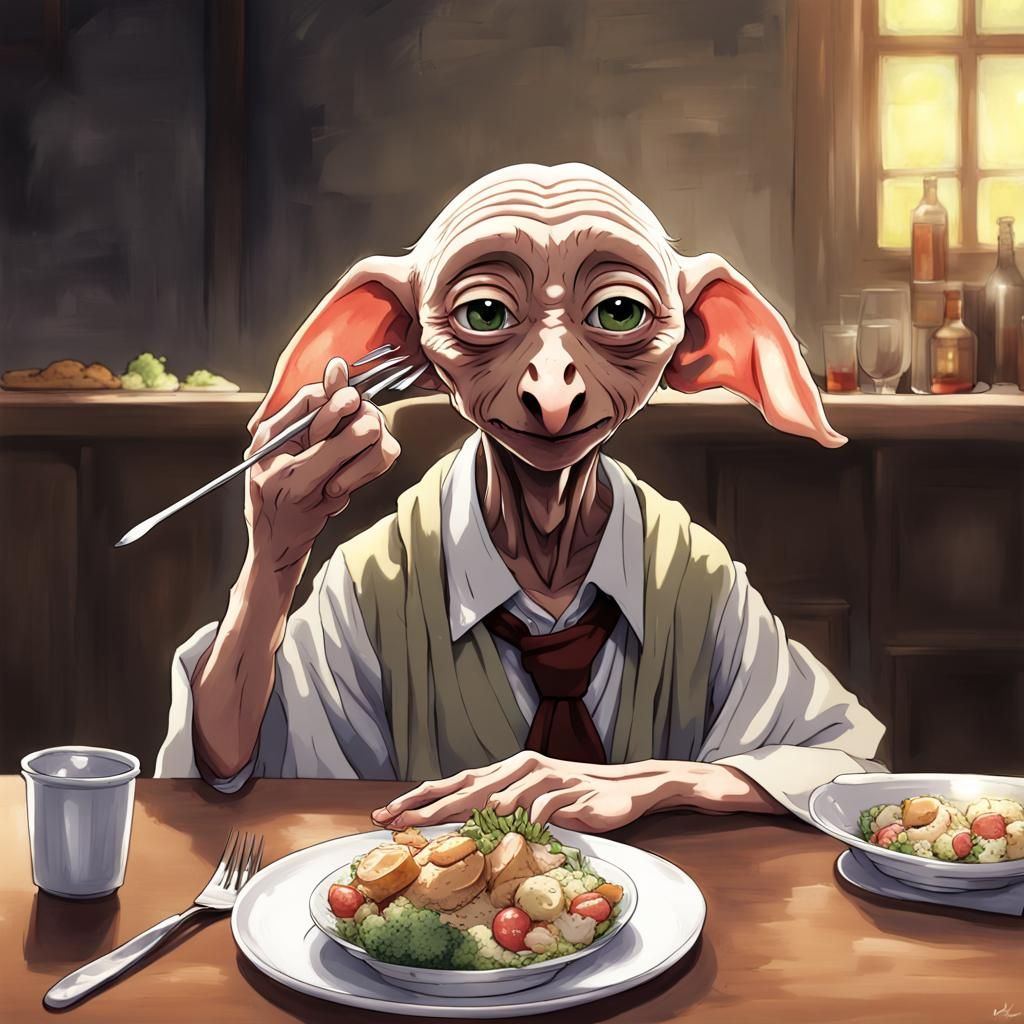 Dobby Eating Dinner in Anime Style