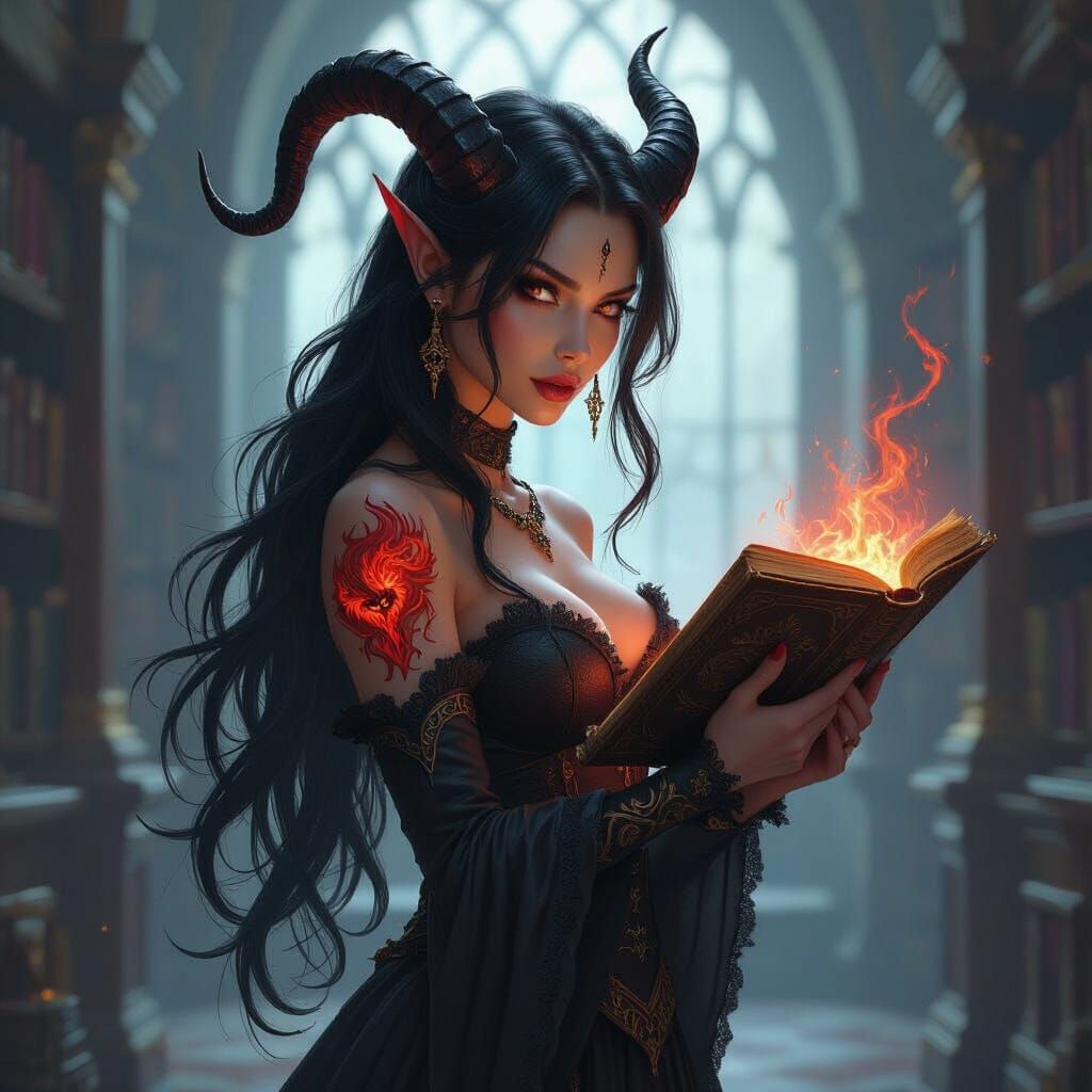 Tiefling Investigator in Ancient Library with Fiery Tattoo
