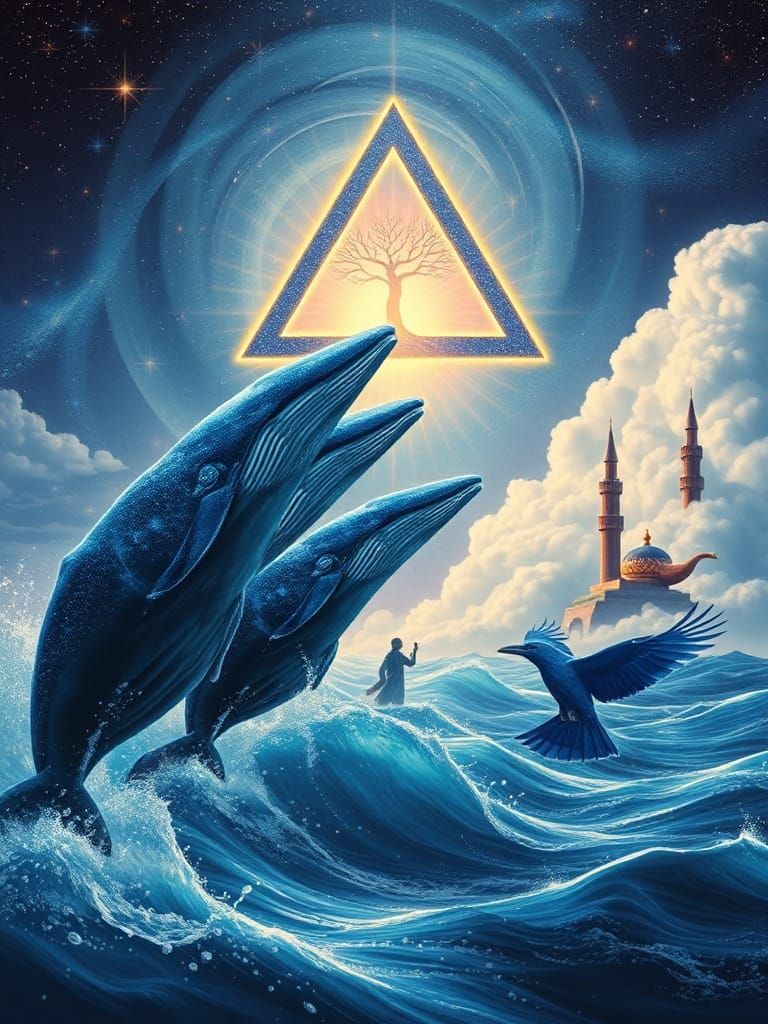 Whales Breach Ocean Under Cosmic Sky