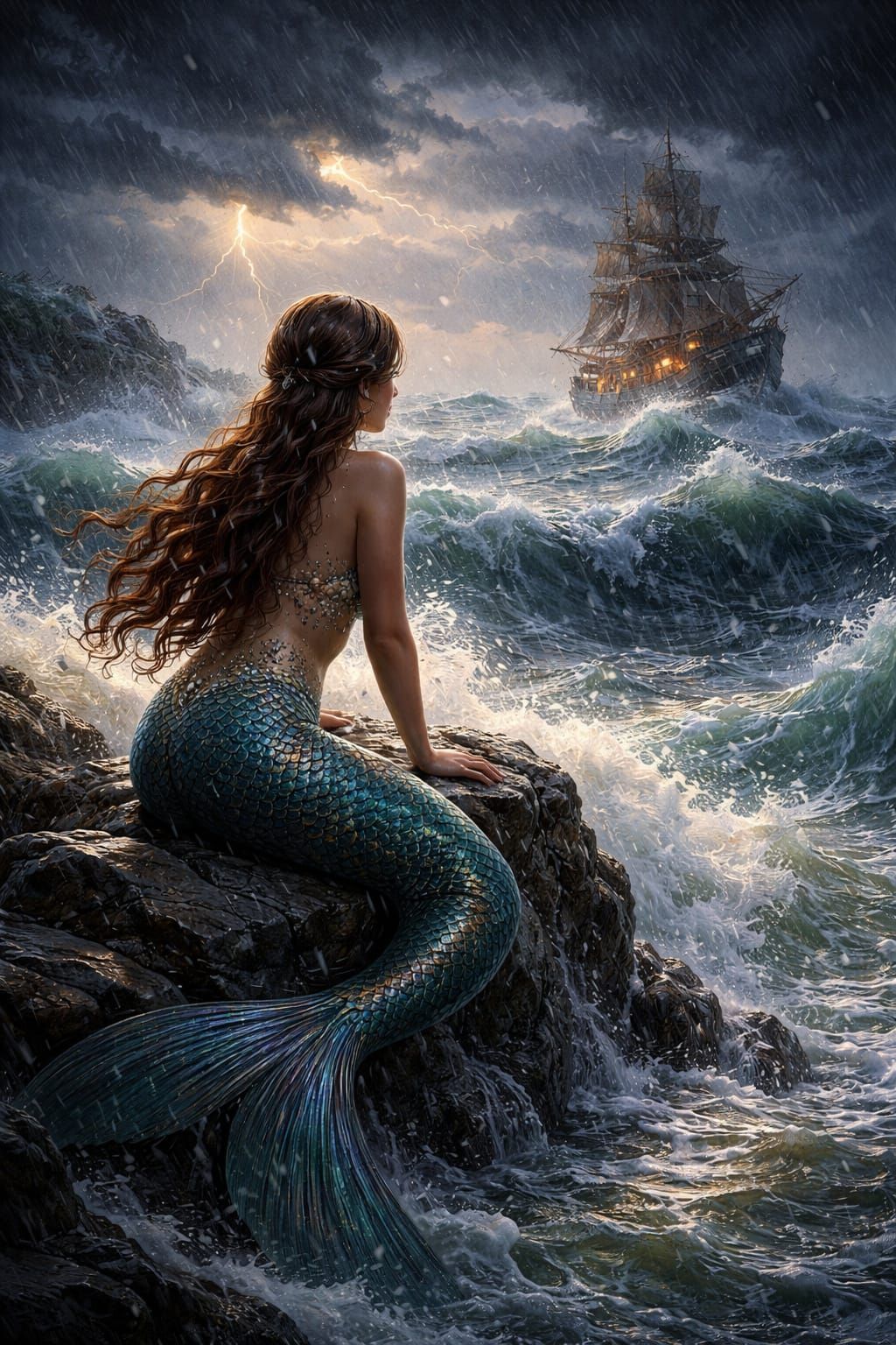 Mermaid Watches Stormy Shipwreck in Painterly Digital Art