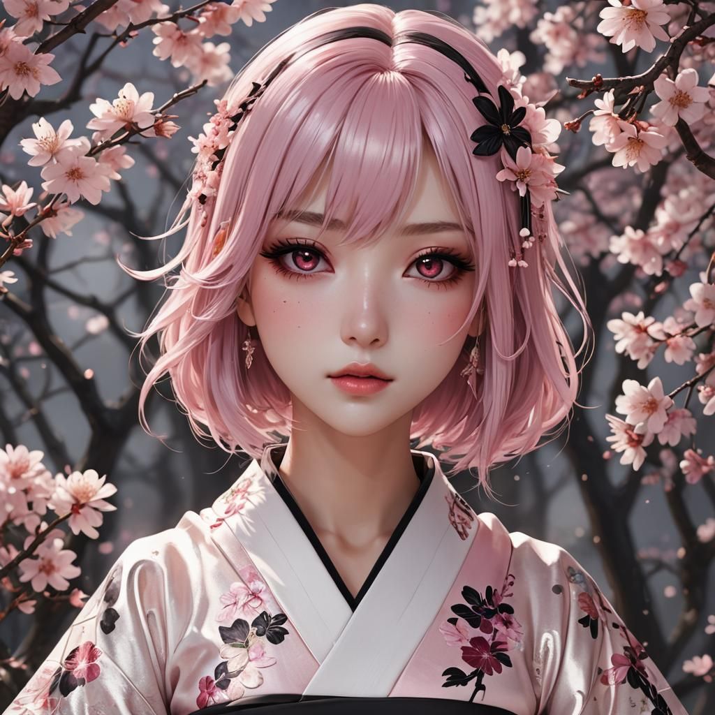 Anime Girl with Pink Hair in Floral Kimono