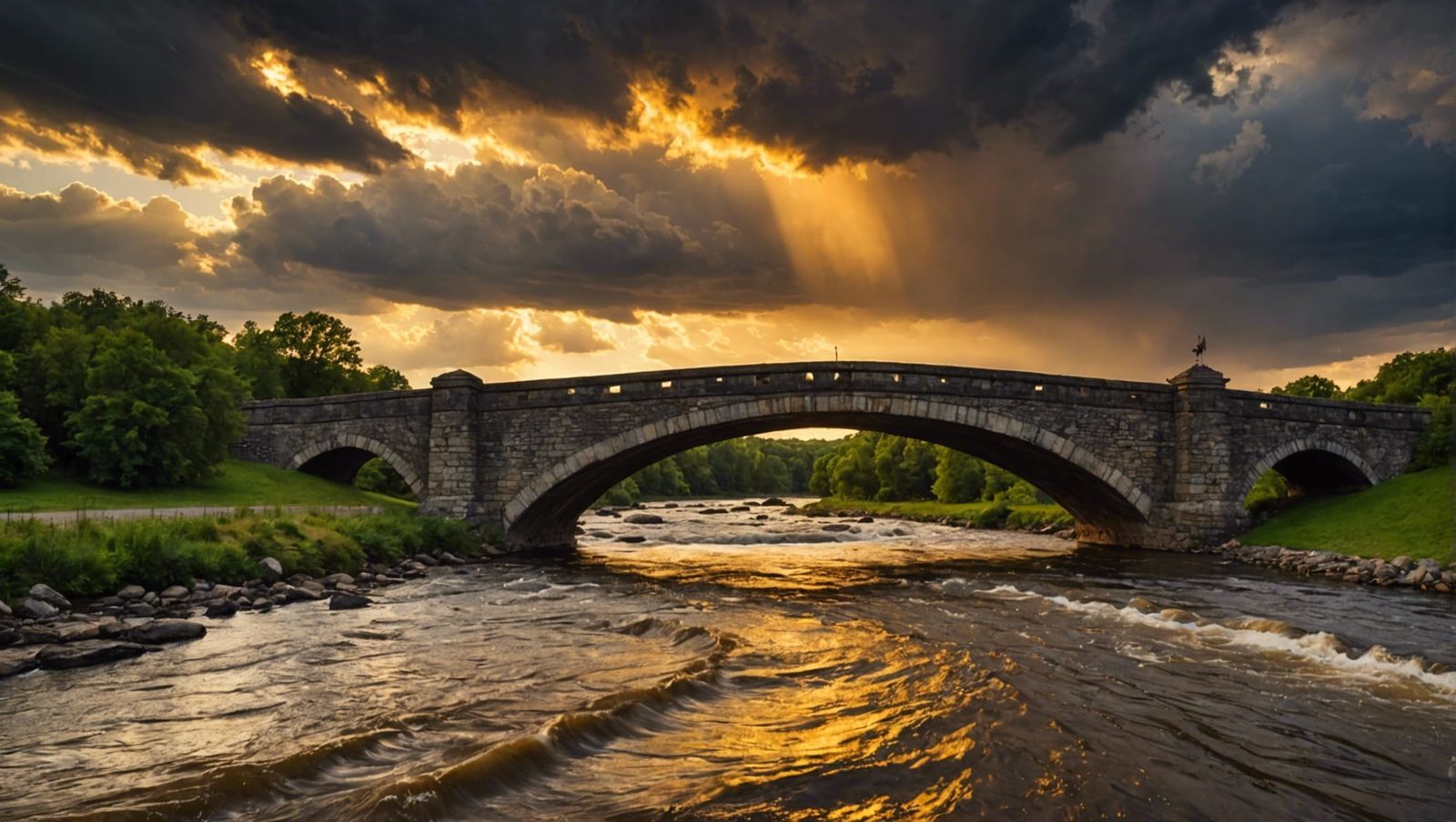 Stone Bridge in Golden Light, Spanning Turbulent River