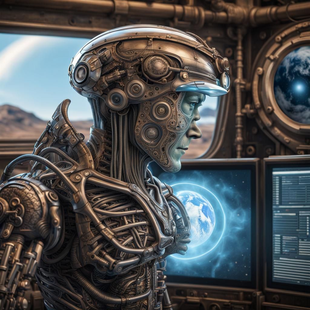 Steampunk Robot Cowboy Gazing at Earth Hologram