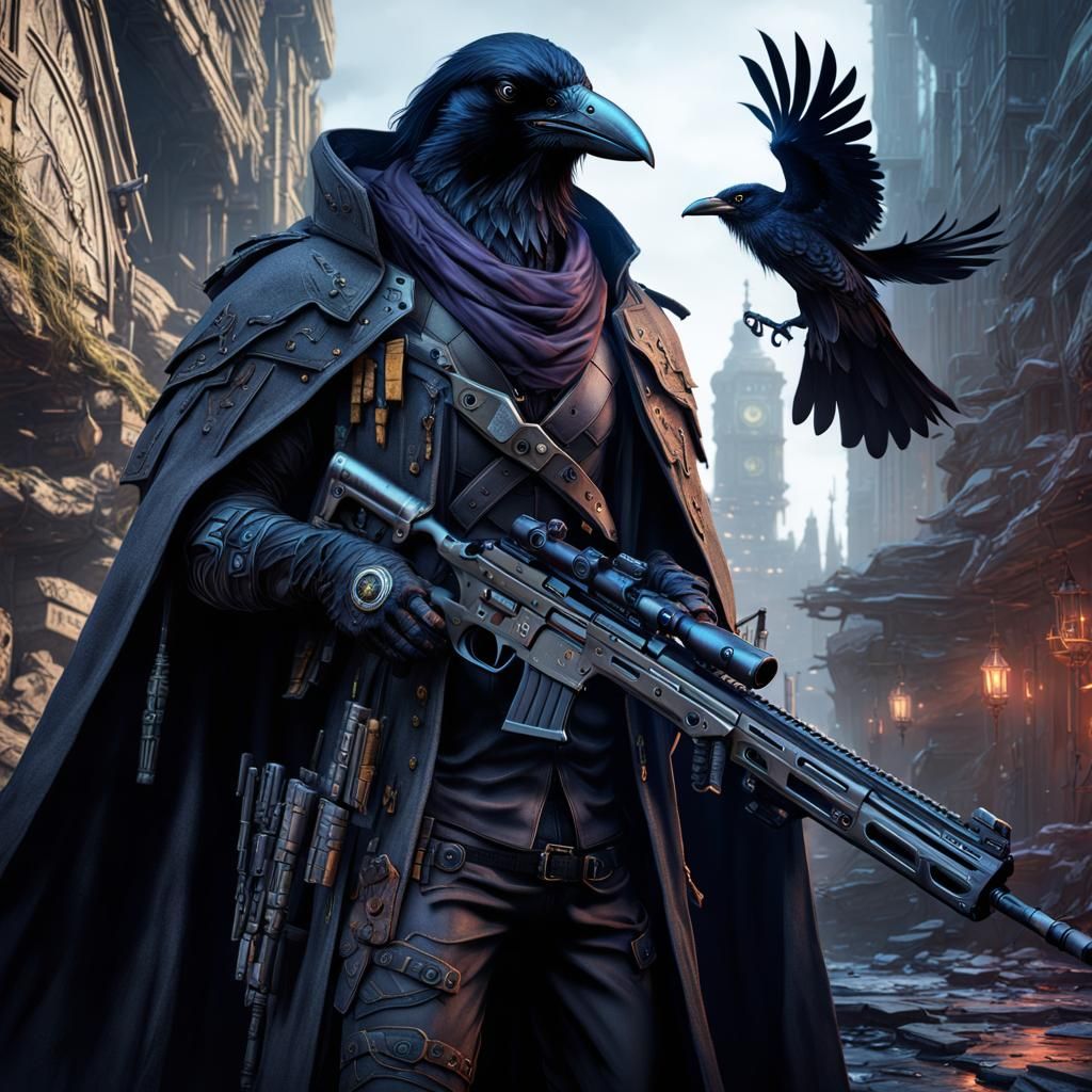 Cyberpunk Raven Sniper in Dark Cloak