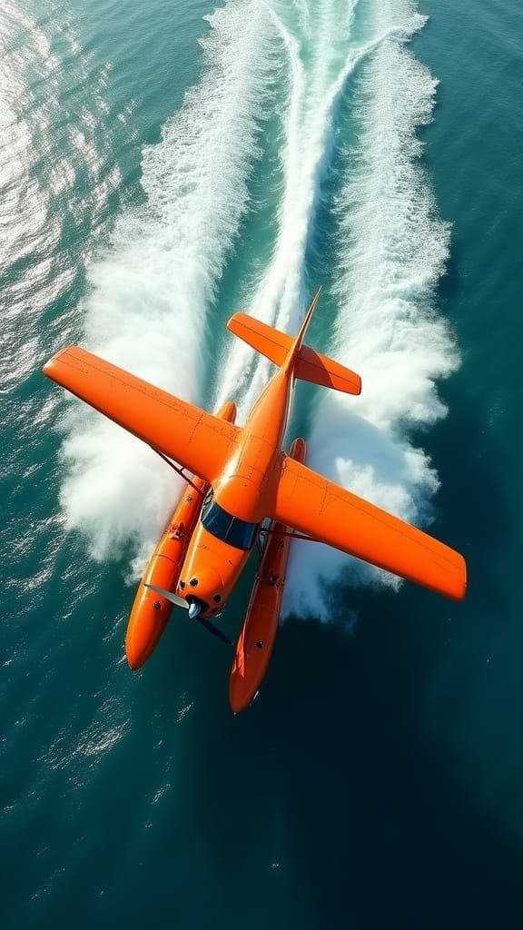 Orange Seaplane Slices Through Ocean Mist