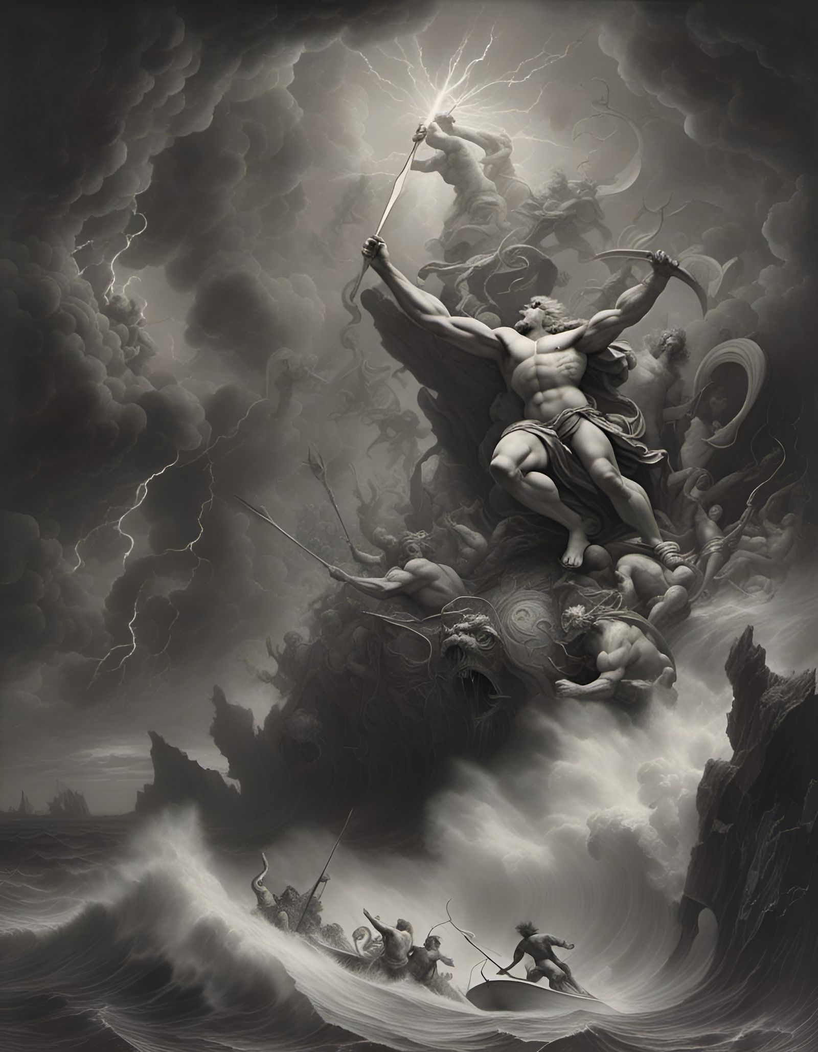 Poseidon's Titan Clash: Epic Pencil Art