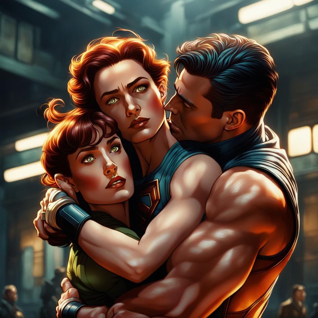 Superhero Embrace: Cinematic Comic Art Style