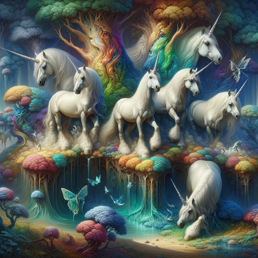 Seven Unicorn Horses Grazing in Fairy Woods