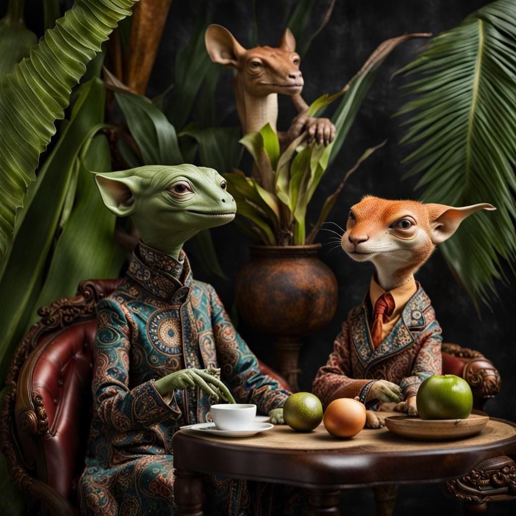 Surreal Restaurant Scene with Exotic Aliens