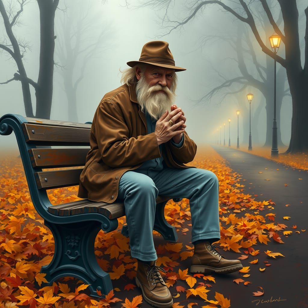 an elderly man sitting on a park bench