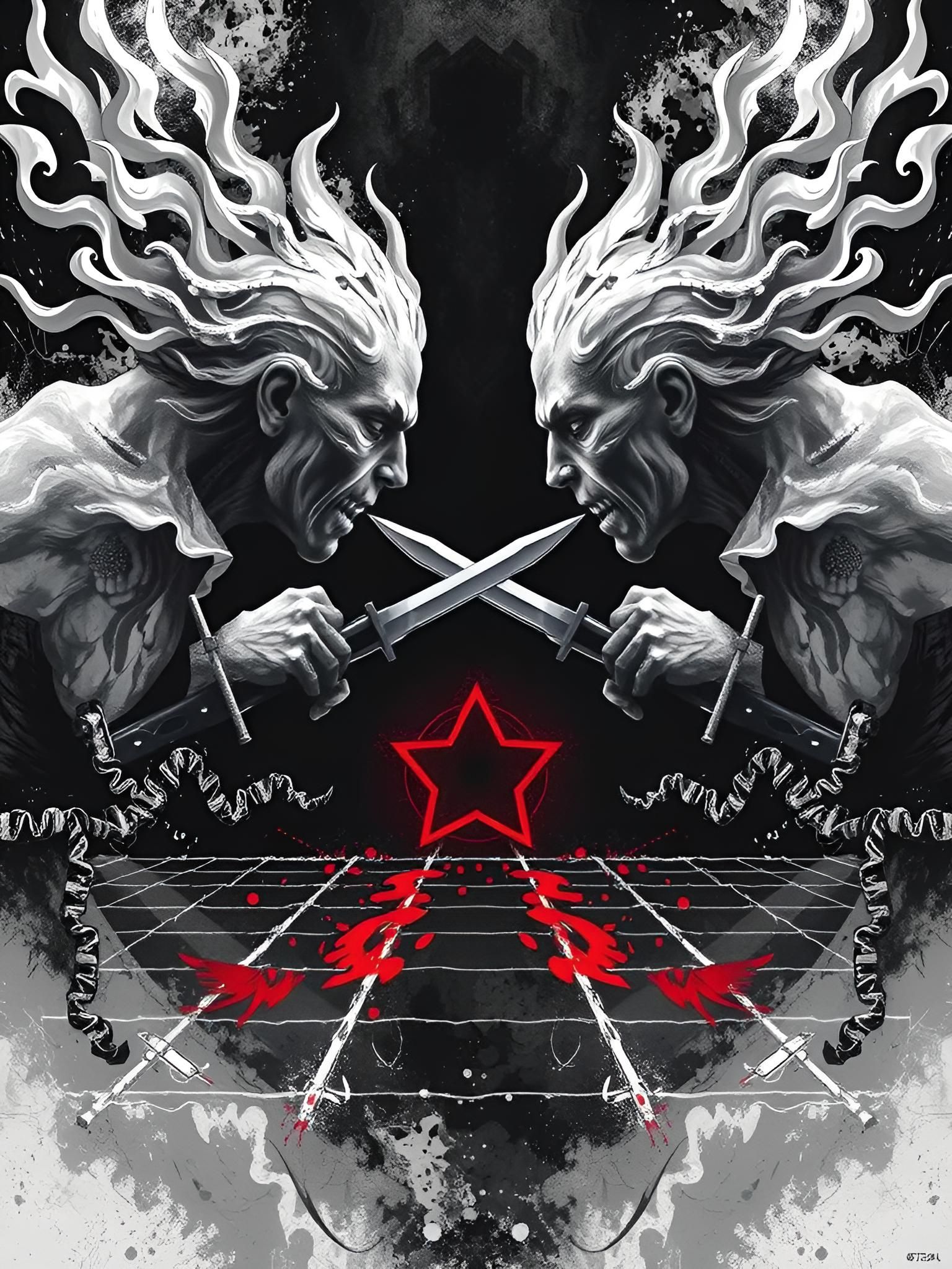 Expressionist Sword Duel with Corrupted Patterns