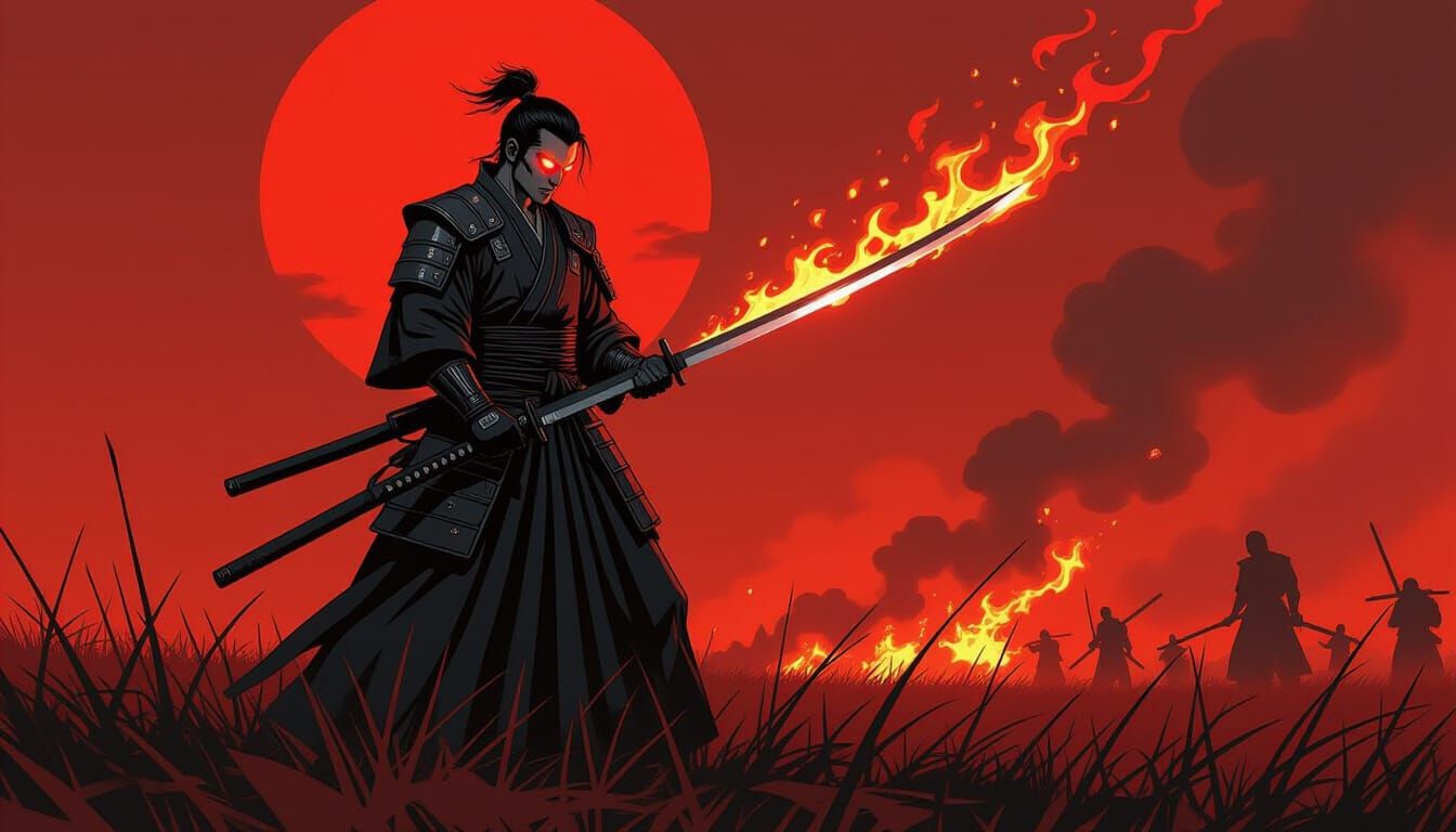 Warrior with Flaming Katana in Dystopian Landscape