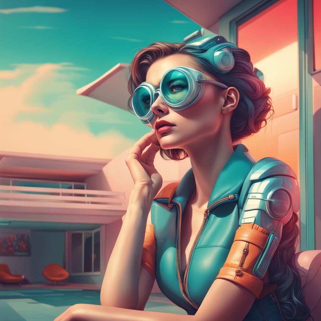Retrofuturistic House with Woman in Splash Art Style