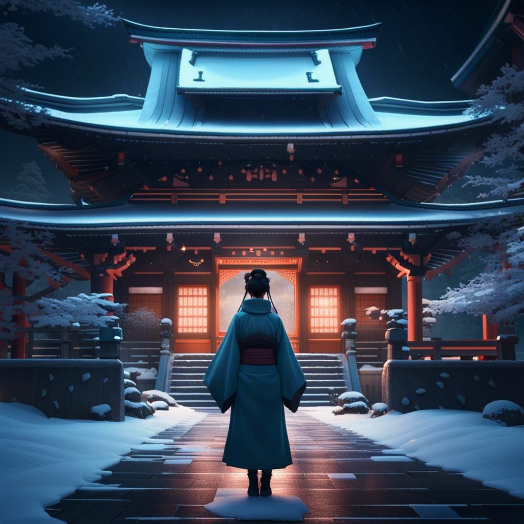 Neo-Kyoto Temple at Night in Sci-Fi Winter