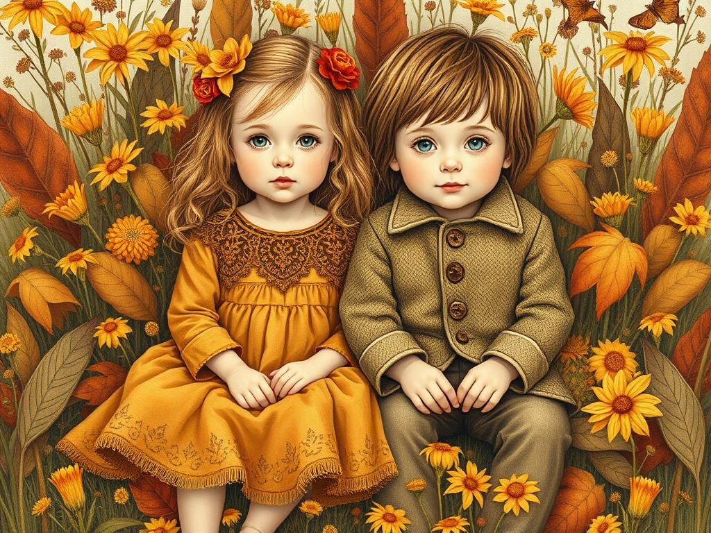 Siblings Amidst Whimsical Autumn Wildflowers in Meticulous A...