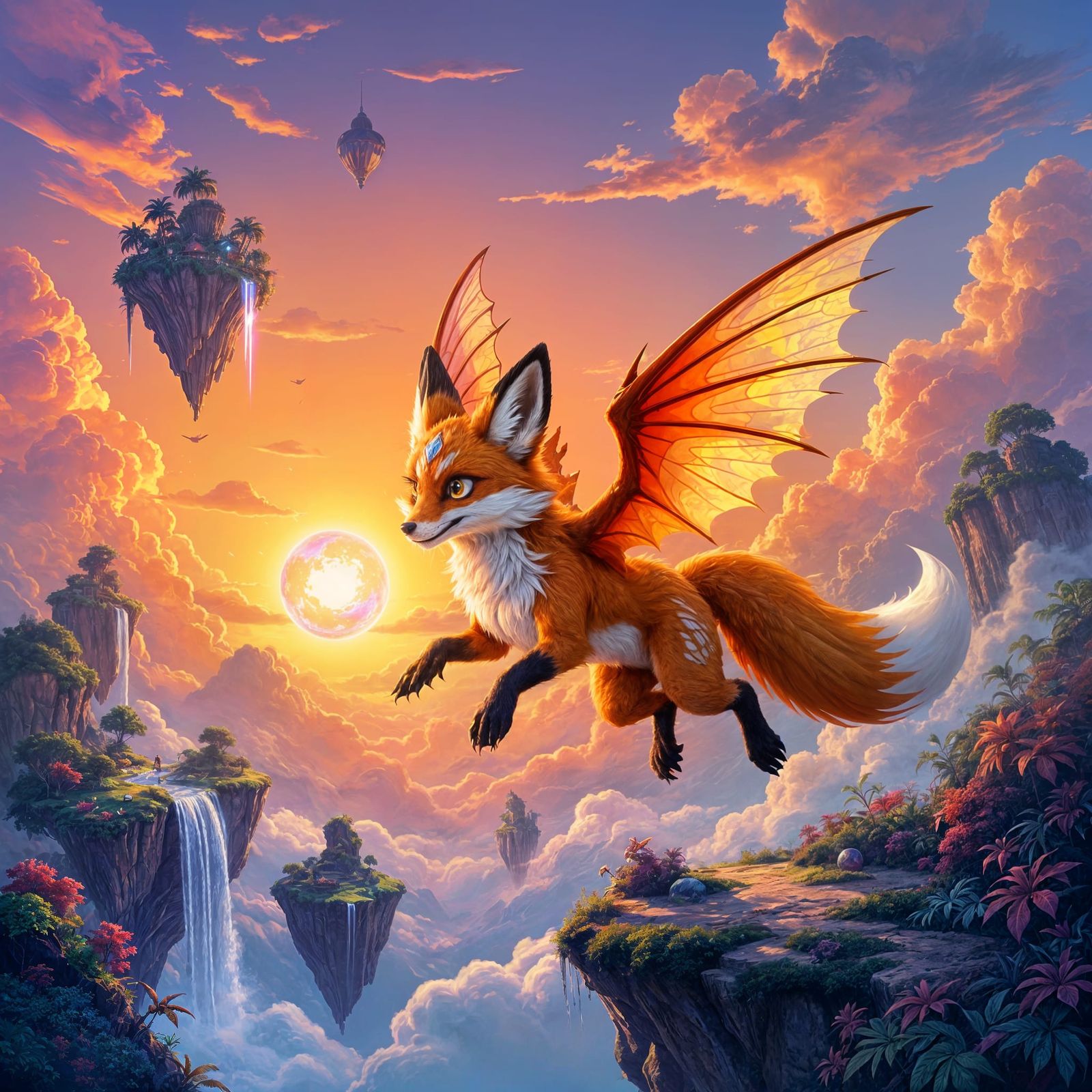 Winged Fox-Dragon Chases Orb Among Floating Islands
