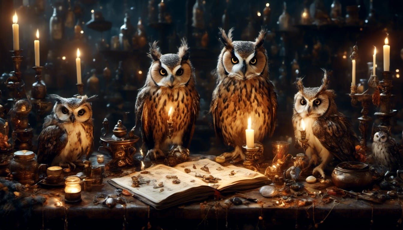 <lora:Minoucherie:1.0> <lora:Lapillustration:1.0> Alchemy table sorcery artefacts candles divination potions cute owls d...