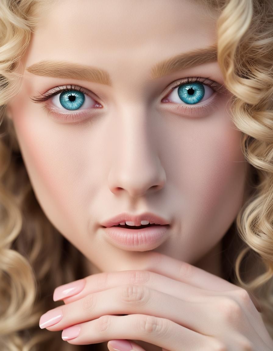 Beautiful Blonde Girl with Blue Eyes in Lace Top