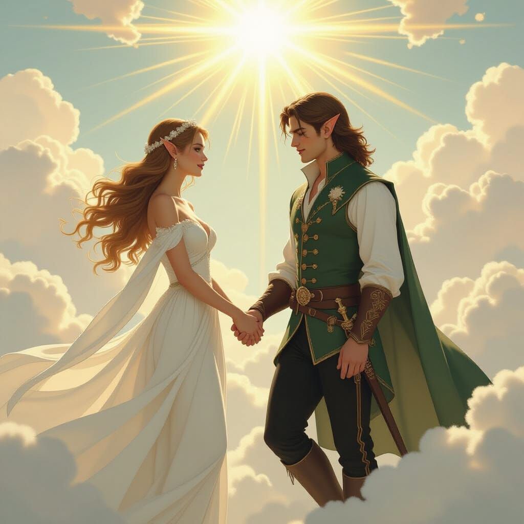 Elf Couple in Heavenly Light, Mucha Style