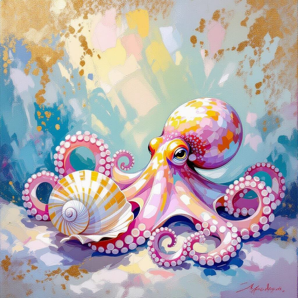 Octopus and Shell in Impressionist Rococo Style