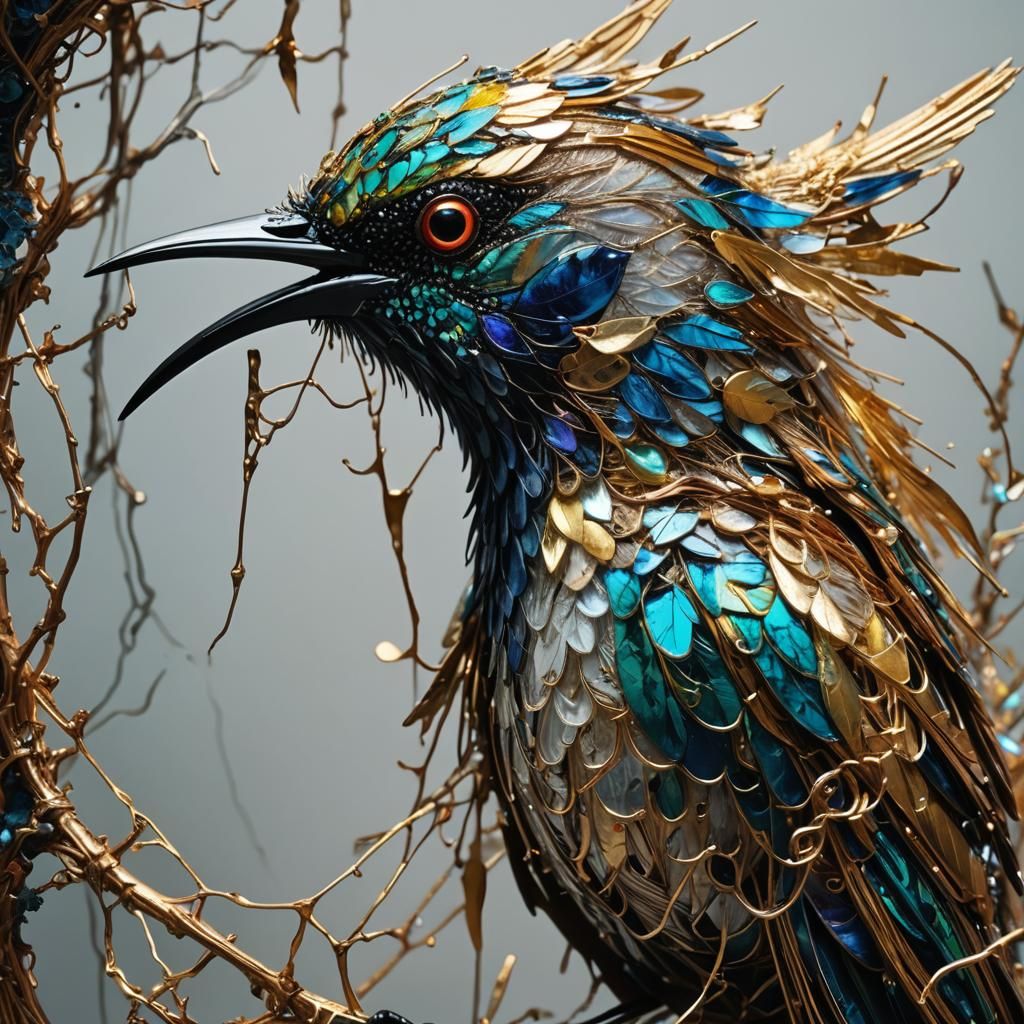 Iridescent Sunbird: Detailed Mixed-Media Bird Portrait