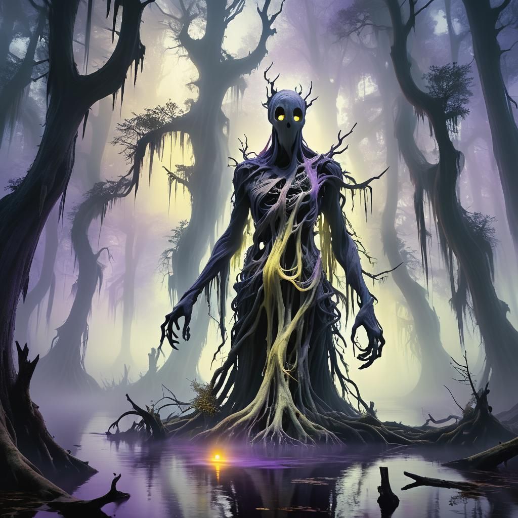 Ghostly Spirit in Mist-Shrouded Swamp, Dark Fantasy Art