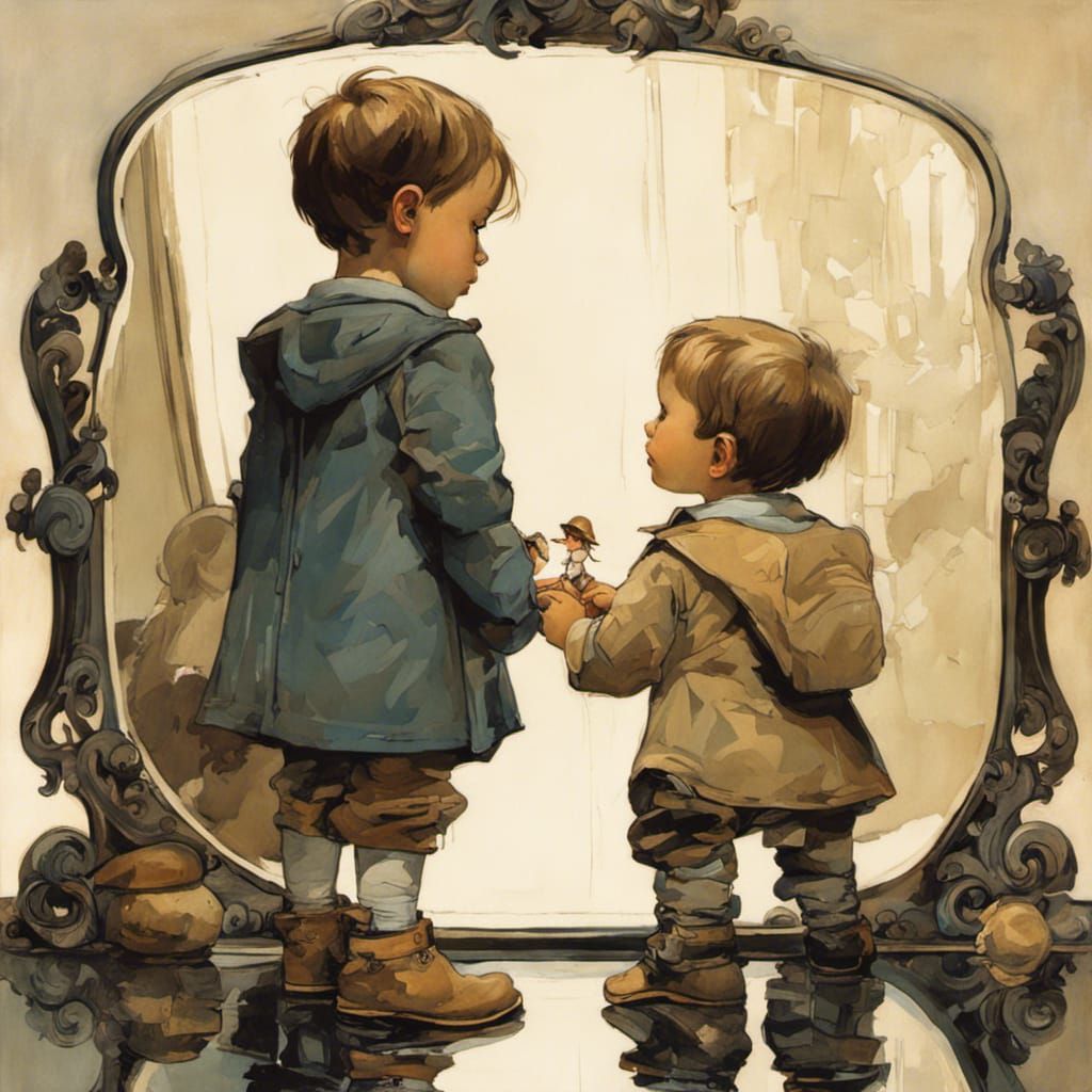 Boy and Reflection in Steampunk Surrealism Style