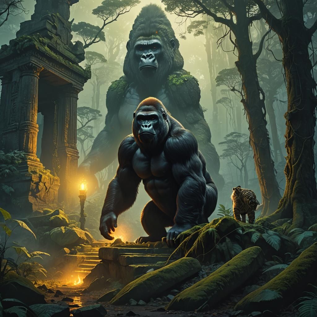 Gorilla and Tiger in Mystical Forest, Matte Painting