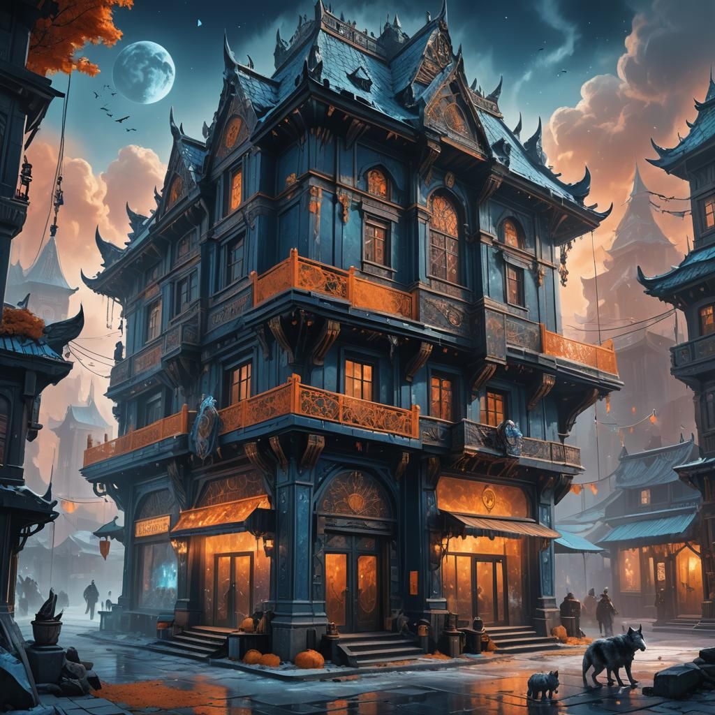 Fantasy Shop Exterior with Wolves in Crystal Building