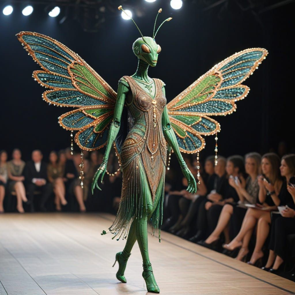 High Fashion Mantis on Runway in Flapper Dress