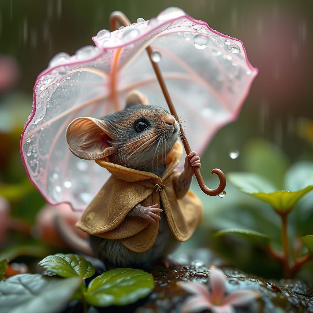 Mouse in Rain with Flower Umbrella