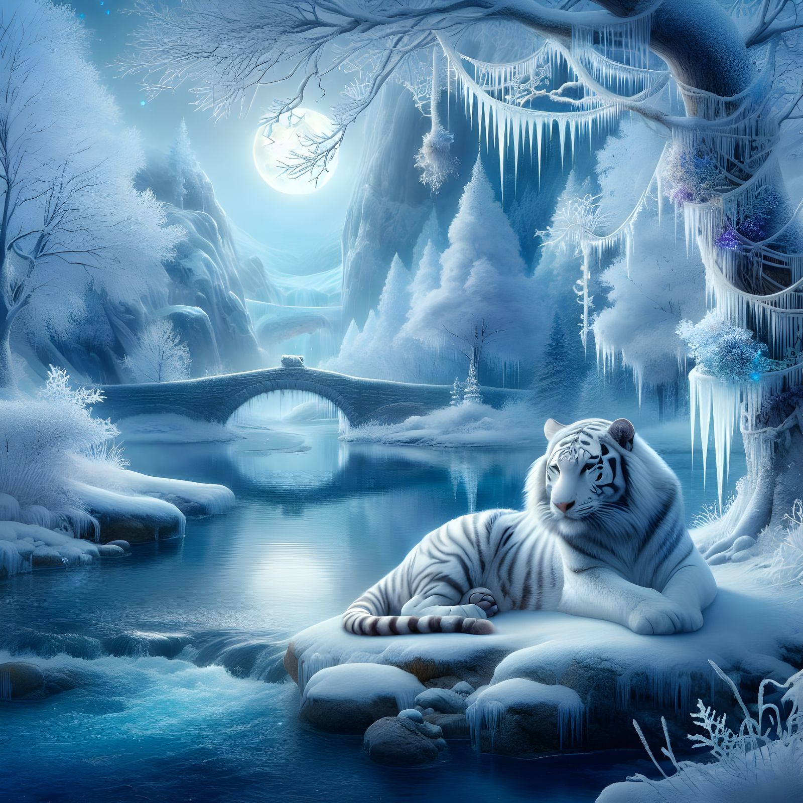 Majestic White Tiger in Enchanted Winter Wonderland