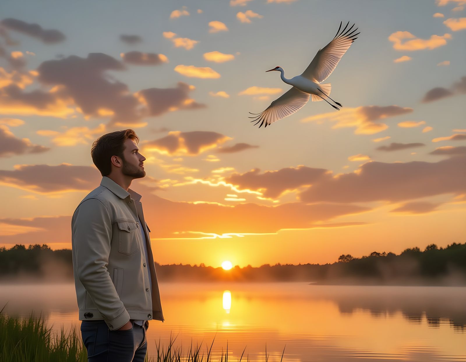 Contemplative Man Watching Cranes Fly South