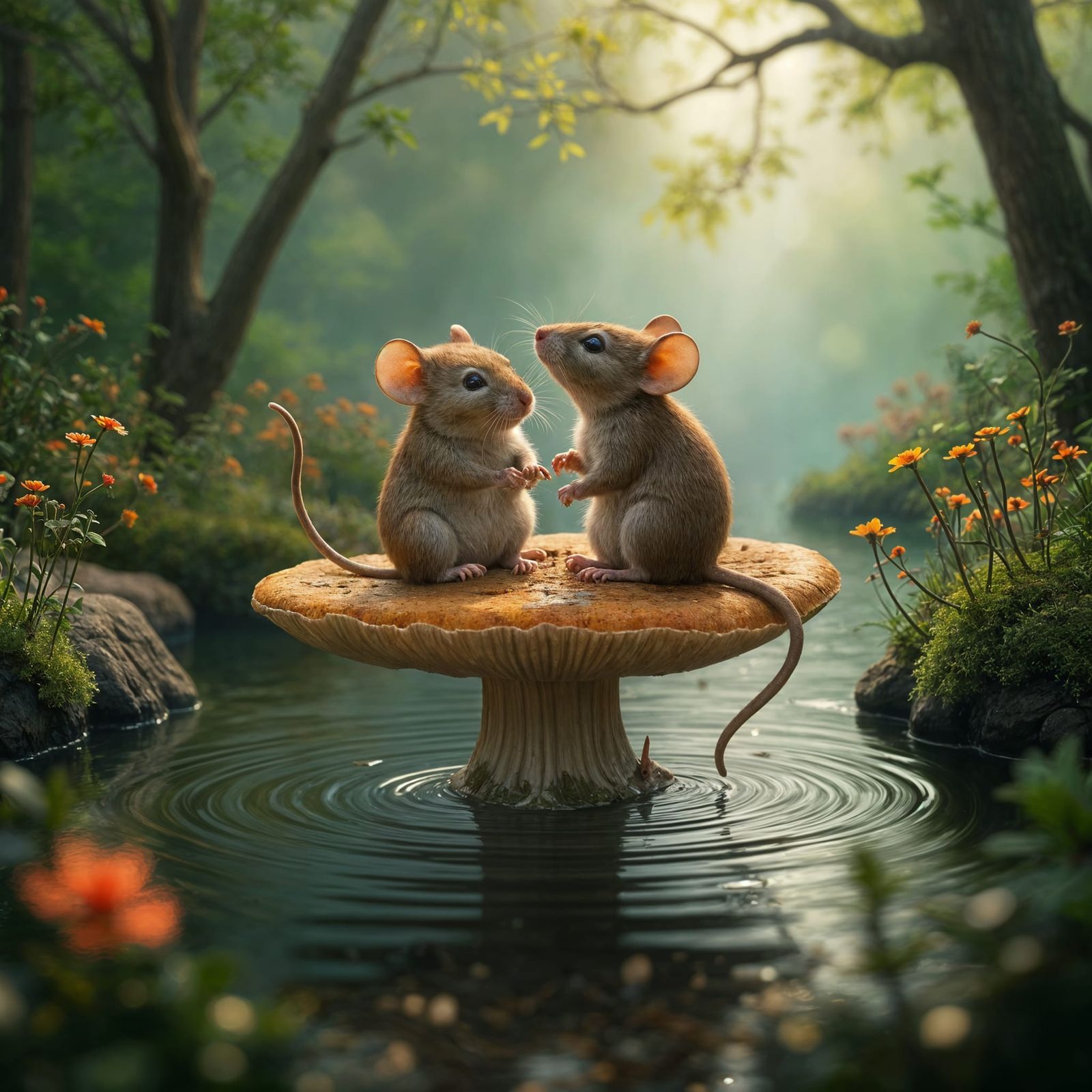 Mice on Mushroom Float Down River: Digital Painting