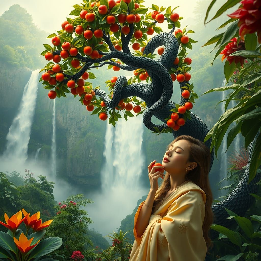 garden of Eden with prominent epic waterfall, tree with appl...