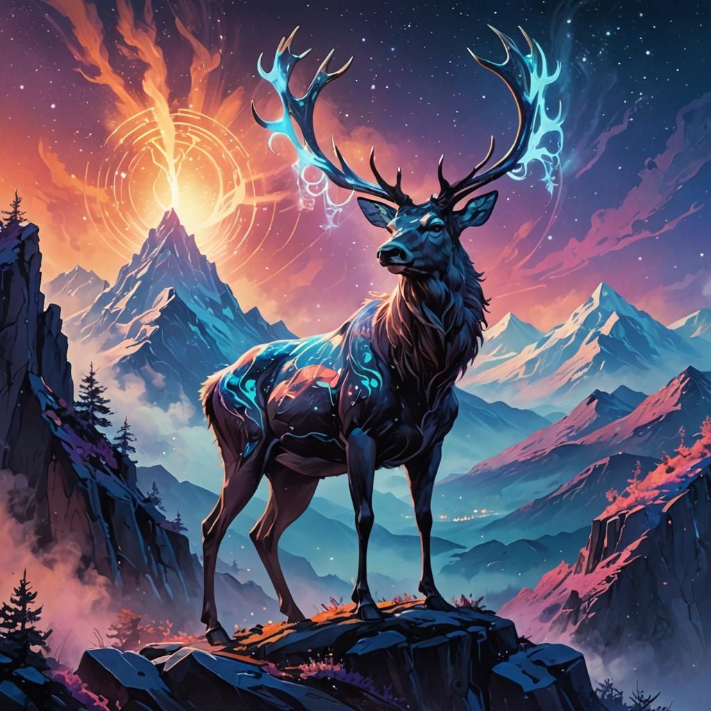 Astral Stag on Starry Peak: Digital Fantasy Art