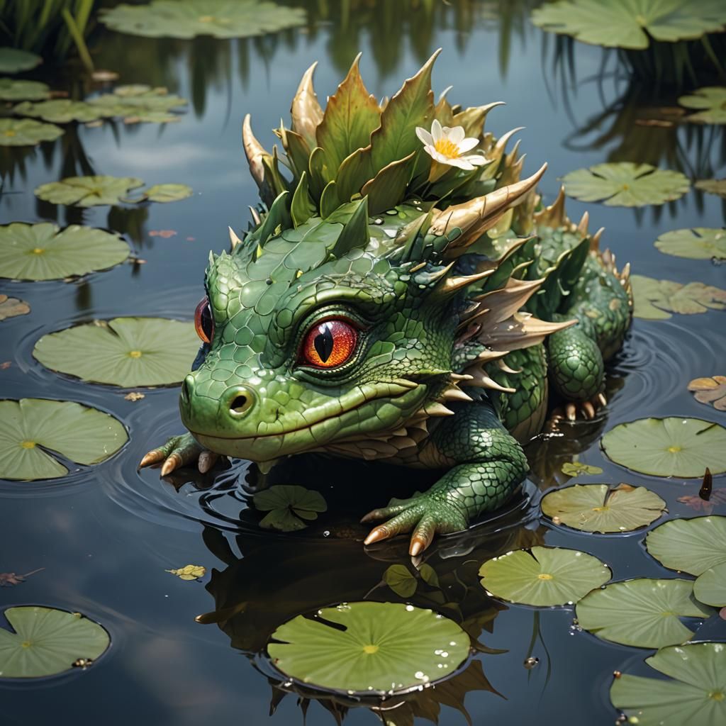 Adorable Tiny Dragon in Swampy Lake, 3D Anime Art