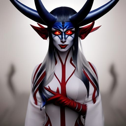 Hyperrealistic Demonic Woman with Blue Skin and Horns