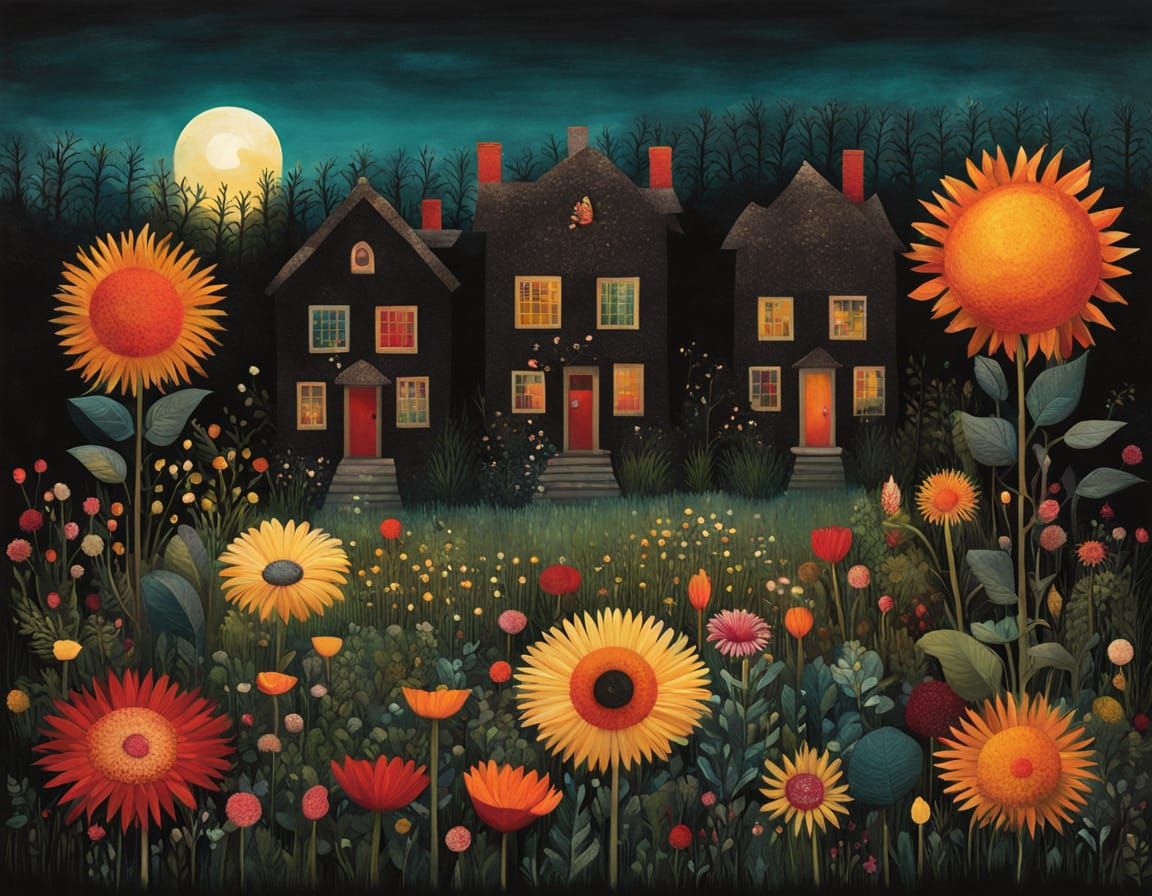 Sunlit Garden Amidst Dark Victorian Houses